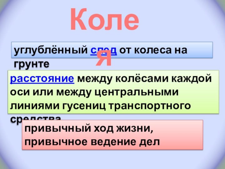 углублённый след от колеса на грунте Колеярасстояние между колёсами каждой оси или между центральными линиями гусениц