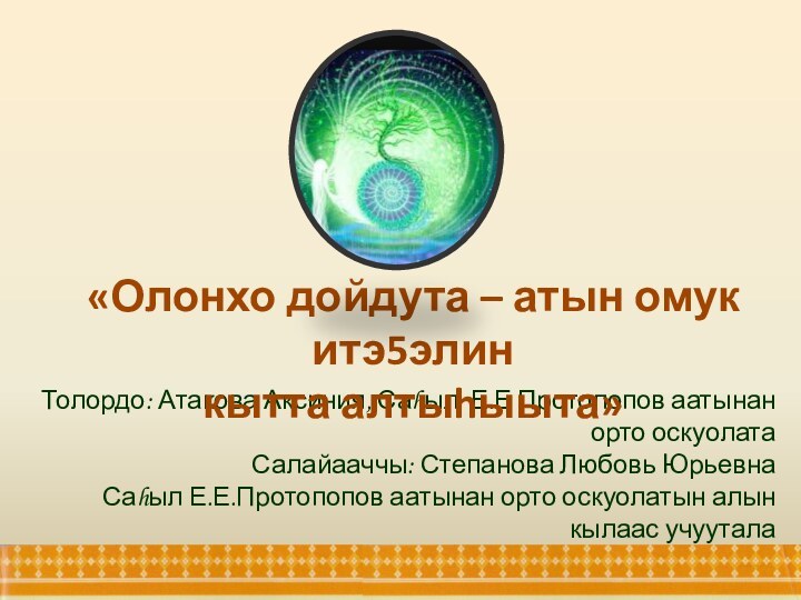 Толордо: Атакова Аксиния, Саhыл Е.Е Протопопов аатынан орто оскуолатаСалайааччы: Степанова Любовь Юрьевна