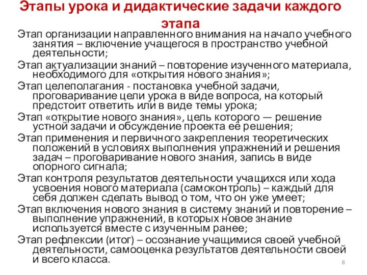 Этапы урока и дидактические задачи каждого этапа Этап организации направленного внимания на