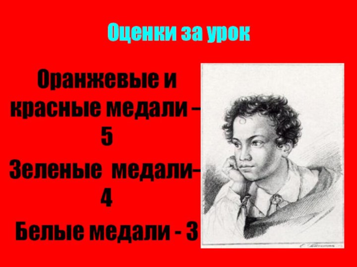 Оценки за урокОранжевые и красные медали – 5Зеленые медали– 4Белые медали - 3