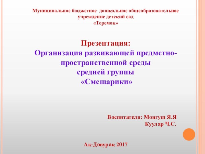 Муниципальное бюджетное дошкольное общеобразовательное учреждение детский сад «Теремок»Презентация: Организация развивающей предметно-пространственной среды