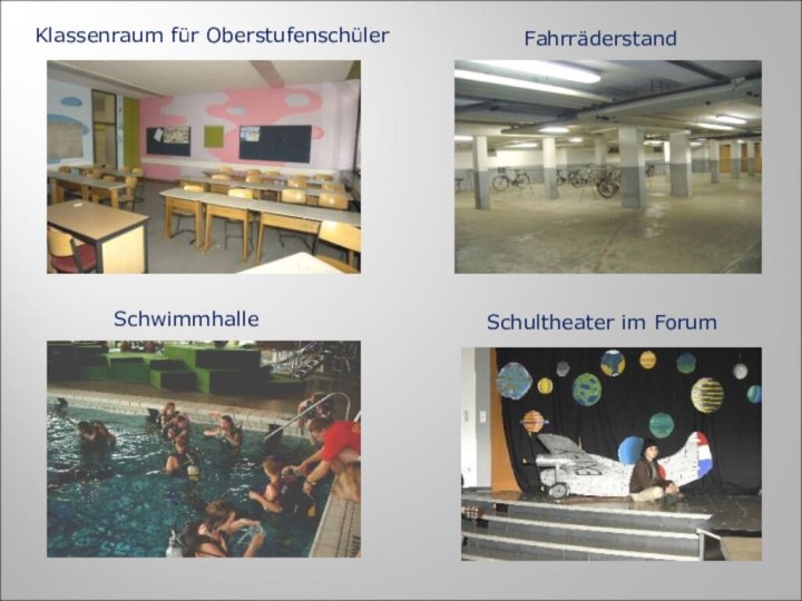 Klassenraum für OberstufenschülerFahrräderstandSchwimmhalleSchultheater im Forum