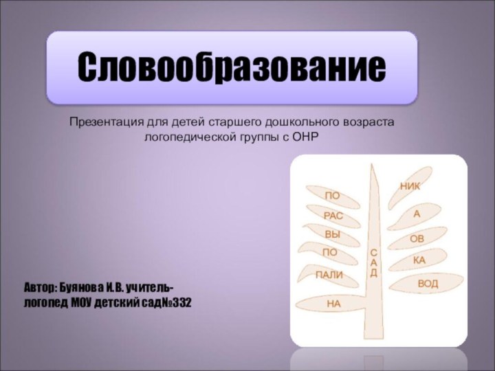 СловообразованиеАвтор: Буянова И.В. учитель-логопед МОУ детский сад№332Презентация для детей старшего дошкольного возраста логопедической группы с ОНР