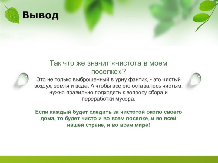 ВыводТак что же значит «чистота в моем поселке»? Это не только выброшенный