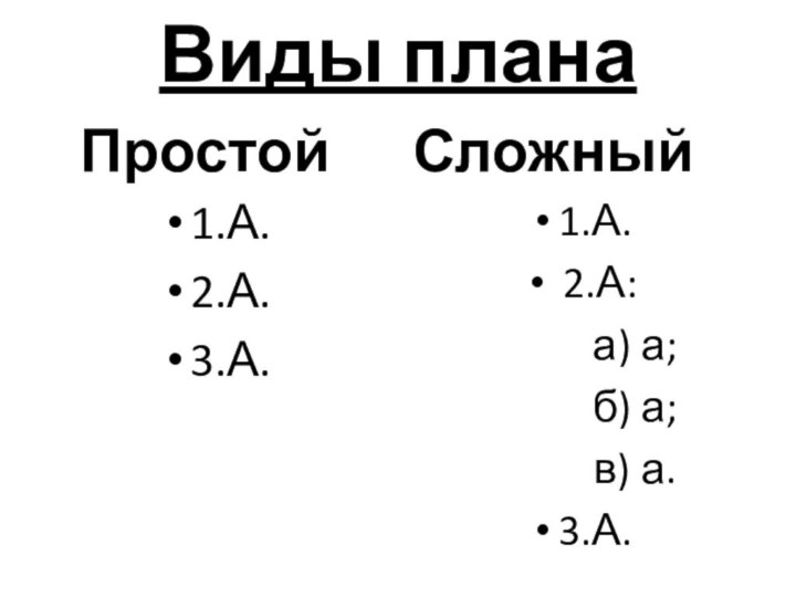 Виды планаПростой 1.А. 2.А. 3.А. Сложный 1.А. 2.А: