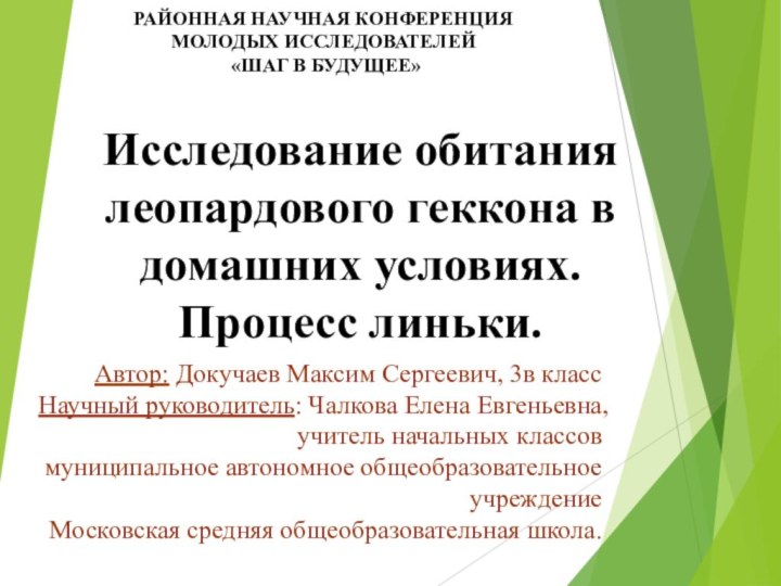 РАЙОННАЯ НАУЧНАЯ КОНФЕРЕНЦИЯ МОЛОДЫХ ИССЛЕДОВАТЕЛЕЙ   «ШАГ В БУДУЩЕЕ»Автор: Докучаев Максим