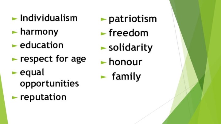 Individualism harmony education respect for ageequal opportunities reputation patriotism freedomsolidarity honour family