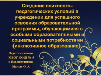 Создание психолого-педагогических условий в учреждении для успешного освоения образовательной программы, обучающимися с особыми образовательными и социальными потребностями (инклюзивное образование).