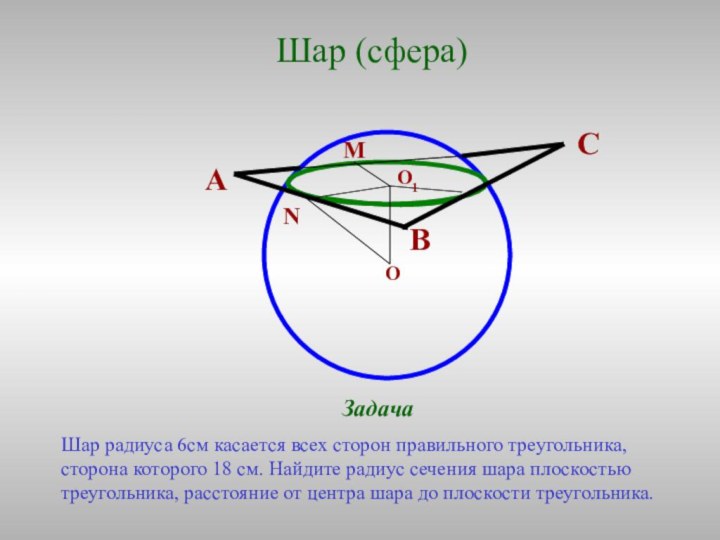 Шар (сфера) ЗадачаШар радиуса 6см касается всех сторон правильного треугольника, сторона которого