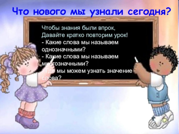 Что нового мы узнали сегодня?Чтобы знания были впрок, Давайте кратко повторим урок!