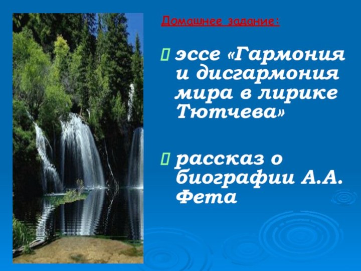 Домашнее задание:эссе «Гармония и дисгармония мира в лирике Тютчева» рассказ о биографии А.А.Фета 