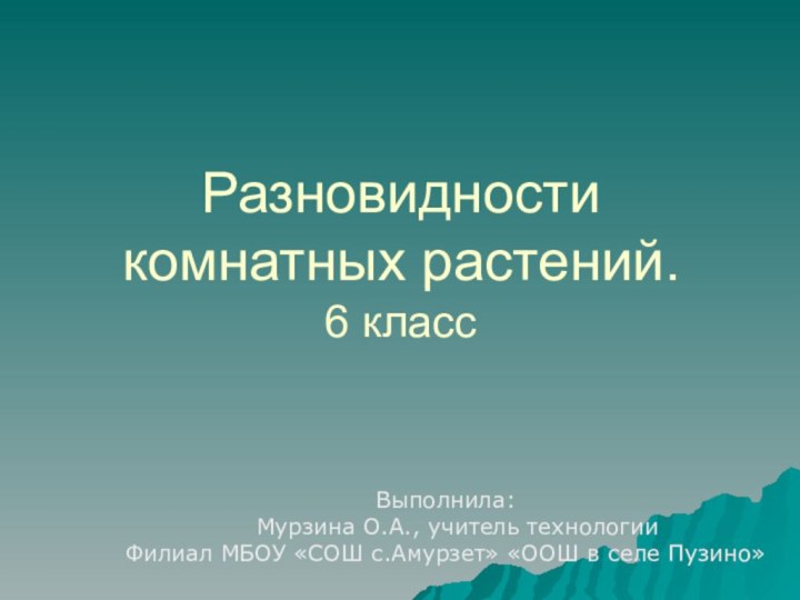 Разновидности комнатных растений. 6 классВыполнила:  Мурзина О.А., учитель технологии Филиал МБОУ