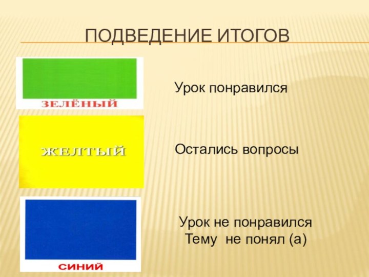 Подведение итоговУрок понравилсяОстались вопросыУрок не понравилсяТему не понял (а)