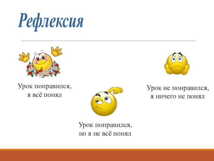 РефлексияУрок понравился, я всё понялУрок понравился, но я не всё понялУрок не