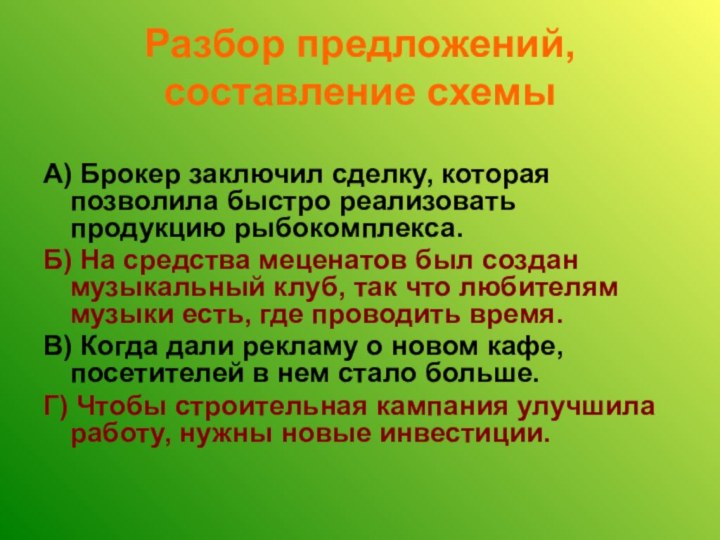 Разбор предложений, составление схемы А) Брокер заключил сделку, которая позволила быстро реализовать