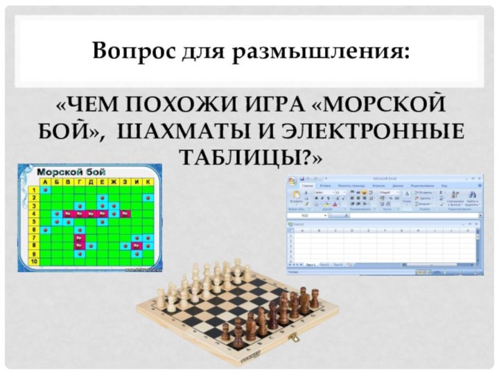 Вопрос для размышления:   «Чем похожи игра «Морской бой», шахматы и электронные таблицы?»