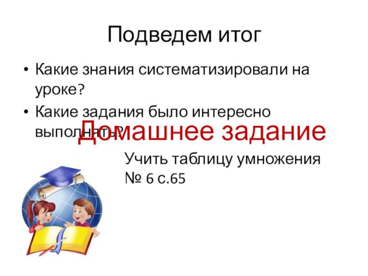 Подведем итогКакие знания систематизировали на уроке?Какие задания было интересно выполнять?Домашнее заданиеУчить таблицу умножения№ 6 с.65