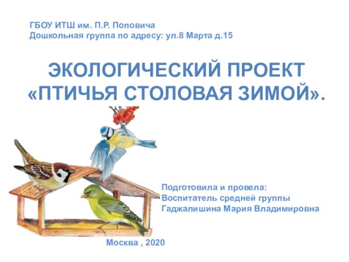 Экологический проект «Птичья столовая зимой».ГБОУ ИТШ им. П.Р. ПоповичаДошкольная группа по адресу: