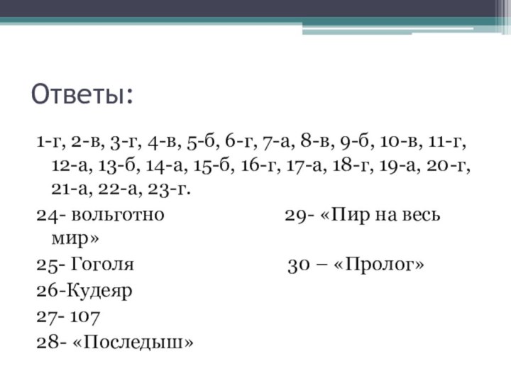 Ответы:1-г, 2-в, 3-г, 4-в, 5-б, 6-г, 7-а, 8-в, 9-б, 10-в, 11-г, 12-а,