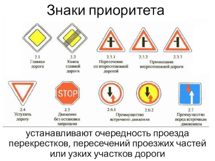 Знаки приоритетаустанавливают очередность проезда перекрестков, пересечений проезжих частей или узких участков дороги