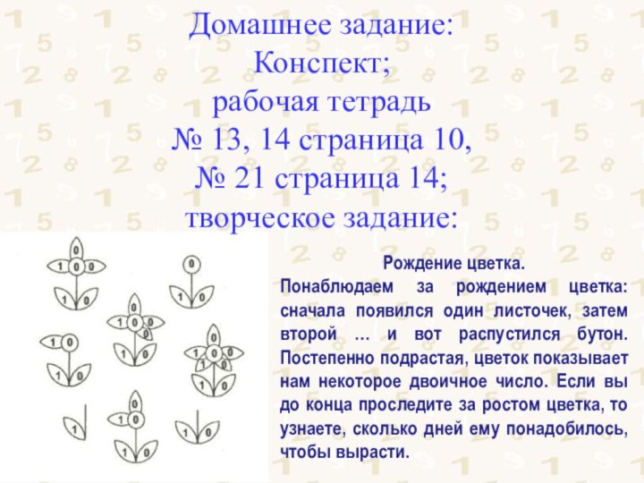 Домашнее задание:Конспект; рабочая тетрадь № 13, 14 страница 10,№ 21 страница 14;творческое