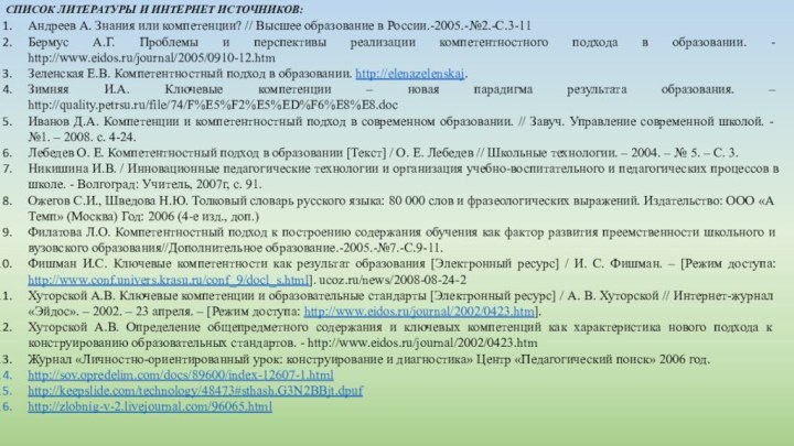 СПИСОК ЛИТЕРАТУРЫ И ИНТЕРНЕТ ИСТОЧНИКОВ:Андреев А. Знания или компетенции? // Высшее образование