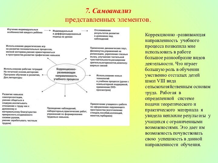 7. Самоанализ представленных элементов.Коррекционно -развивающая направленность учебного процесса позволила мне использовать в