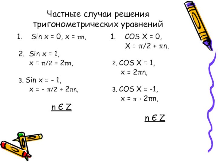 Частные случаи решения тригонометрических уравненийSin x = 0, x = πn,2. Sin