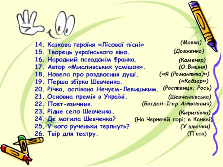 14. Казкова героїня «Лісової пісні» 15. Творець українського кіно. 16. Народний псевдонім