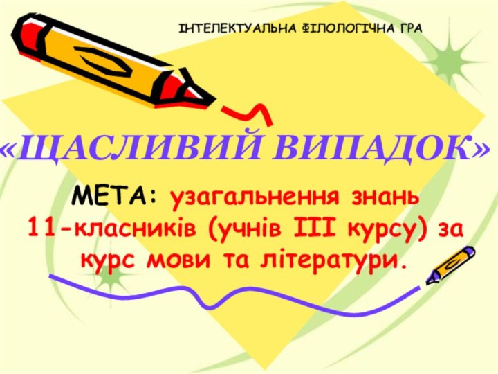 ІНТЕЛЕКТУАЛЬНА ФІЛОЛОГІЧНА ГРА МЕТА: узагальнення знань 11-класників (учнів ІІІ курсу) за курс мови та літератури.«ЩАСЛИВИЙ ВИПАДОК»