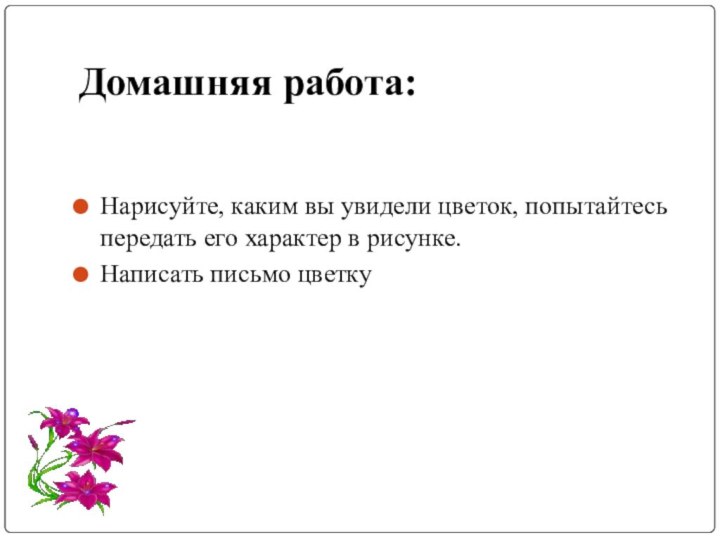 Домашняя работа:Нарисуйте, каким вы увидели цветок, попытайтесь передать его характер в рисунке.Написать письмо цветку