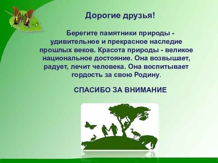 Дорогие друзья! Берегите памятники природы - удивительное и прекрасное наследие прошлых веков. Красота