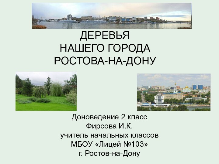 ДЕРЕВЬЯ НАШЕГО ГОРОДА РОСТОВА-НА-ДОНУ Доноведение 2 классФирсова И.К.учитель начальных классовМБОУ «Лицей №103»г. Ростов-на-Дону