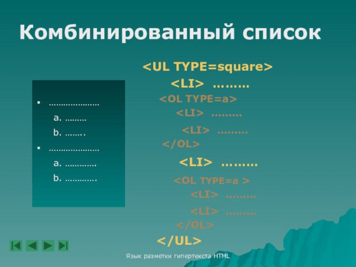 Язык разметки гипертекста HTMLКомбинированный список…………………	a. ………	b. ……..…………………	a. ………….	b. …………. ……… ……… ……… ……… ……… ………