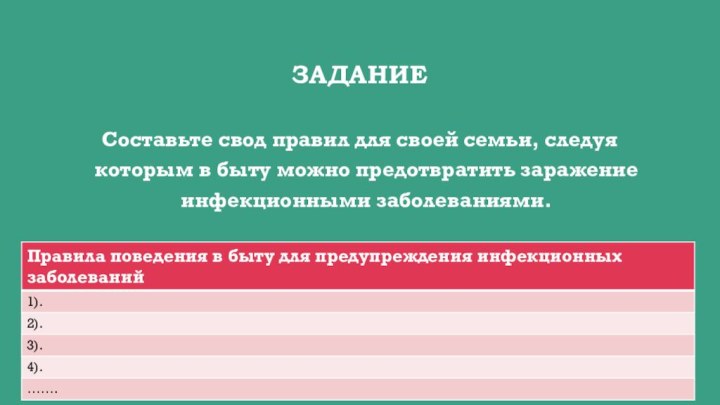 заданиеСоставьте свод правил для своей семьи, следуя которым в быту можно предотвратить заражение инфекционными заболеваниями.