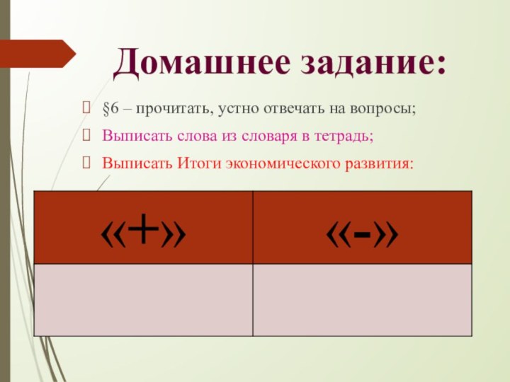 Домашнее задание:§6 – прочитать, устно отвечать на вопросы;Выписать слова из словаря в тетрадь;Выписать Итоги экономического развития: