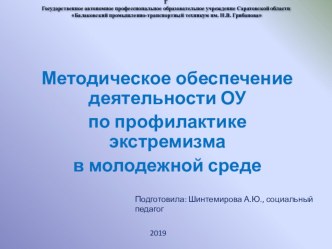 Методическое обеспечение деятельности ОУ по профилактике экстремизма в молодежной среде