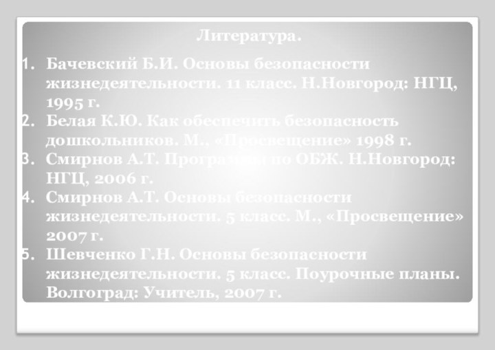 Литература.Бачевский Б.И. Основы безопасности жизнедеятельности. 11 класс. Н.Новгород: НГЦ, 1995 г.Белая К.Ю.