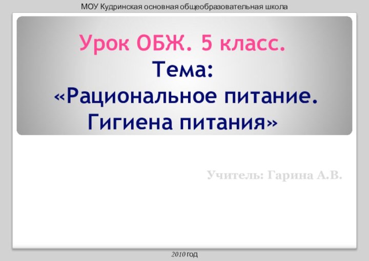 Урок ОБЖ. 5 класс. Тема:  «Рациональное питание. Гигиена питания»МОУ Кудринская основная