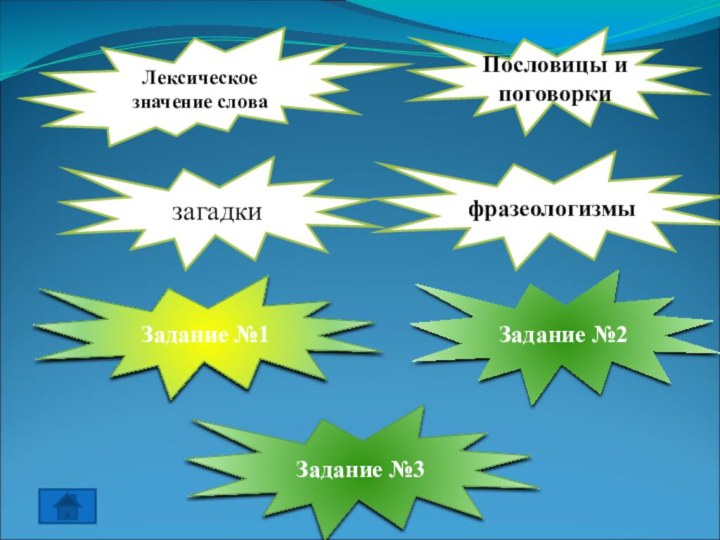 Лексическое значение словаПословицы и поговоркизагадкифразеологизмыЗадание №1Задание №2Задание №3