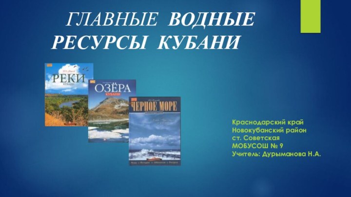 ГЛАВНЫЕ ВОДНЫЕ РЕСУРСЫ КУБАНИКраснодарский крайНовокубанский районст. СоветскаяМОБУСОШ № 9Учитель: Дурыманова Н.А.