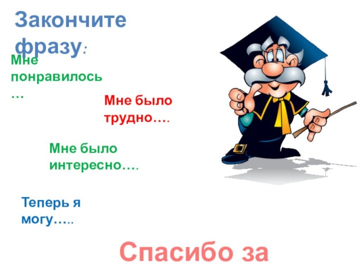 Закончите фразу:Спасибо за вниманиеМне понравилось…Мне было трудно….Мне было интересно….Теперь я могу…..