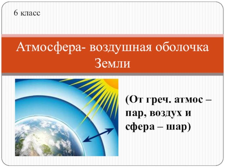 Атмосфера- воздушная оболочка Земли(От греч. атмос – пар, воздух и сфера – шар)6 класс