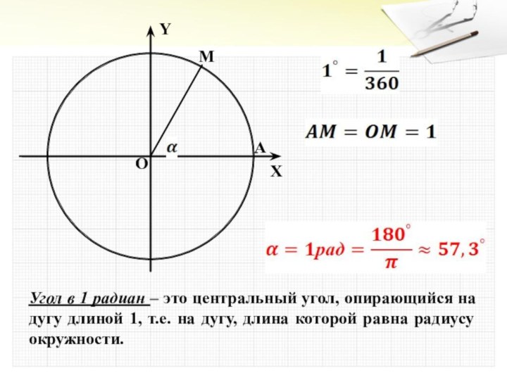 Угол в 1 радиан – это центральный угол, опирающийся на дугу длиной