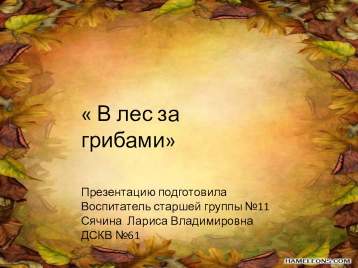 « В лес за грибами»Презентацию подготовила Воспитатель старшей группы №11Сячина Лариса ВладимировнаДСКВ №61