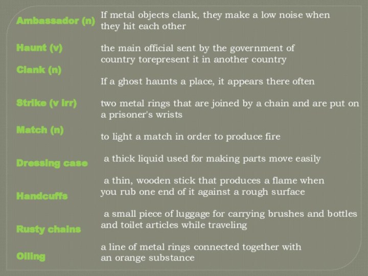 Ambassador (n)Haunt (v)Clank (n)Strike (v irr)Match (n)Dressing caseHandcuffsRusty chainsOilingIf metal objects clank, they make a low noise when