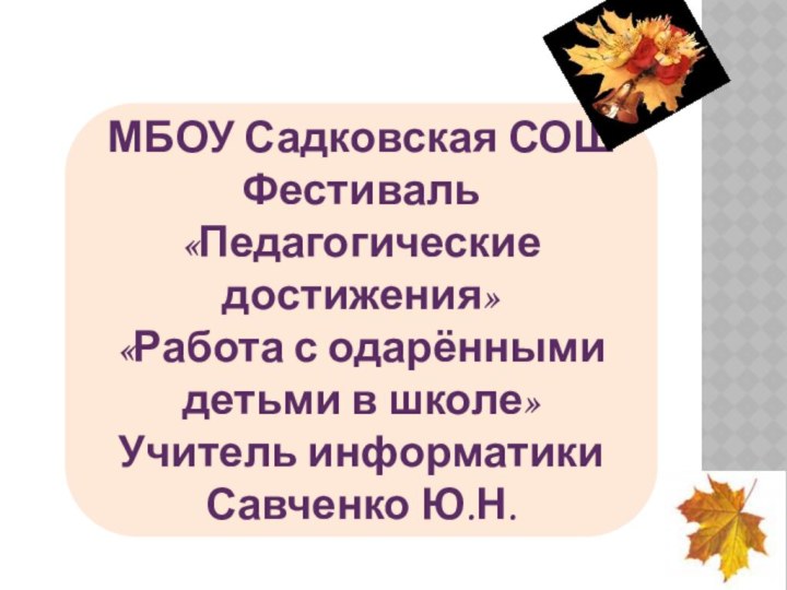 МБОУ Садковская СОШФестиваль «Педагогические достижения»«Работа с одарёнными детьми в школе»Учитель информатики