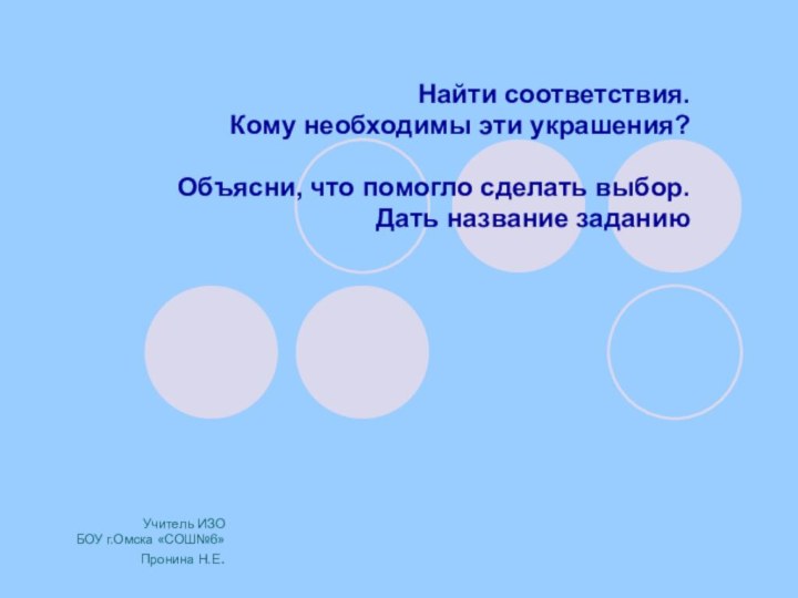 Учитель ИЗО  БОУ г.Омска «СОШ№6» Пронина Н.Е.Найти соответствия.Кому необходимы эти украшения?Объясни,