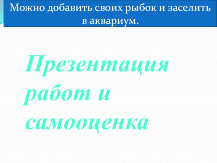 Презентация работ и самооценкаМожно добавить своих рыбок и заселить в аквариум.