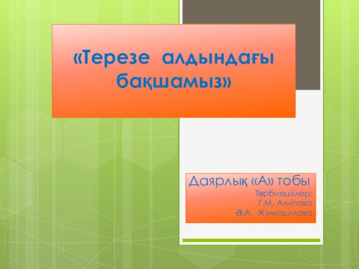 «Терезе алдындағы бақшамыз»  	Даярлық «А» тобыТәрбиешілер:	Г.М. Алипова	Ә.А. Жумадилова